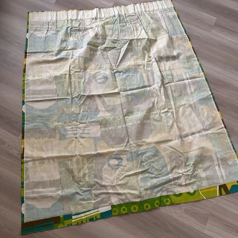 Vintage Mid Century Modern Green Abstract Print Heavy Cotton Curtains 60s 70s